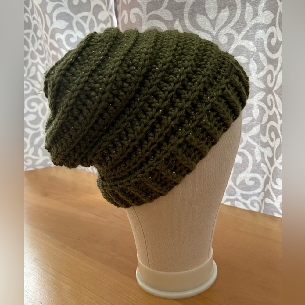 Crocheted Beehive Slouchy Beanie - Metallic Olive